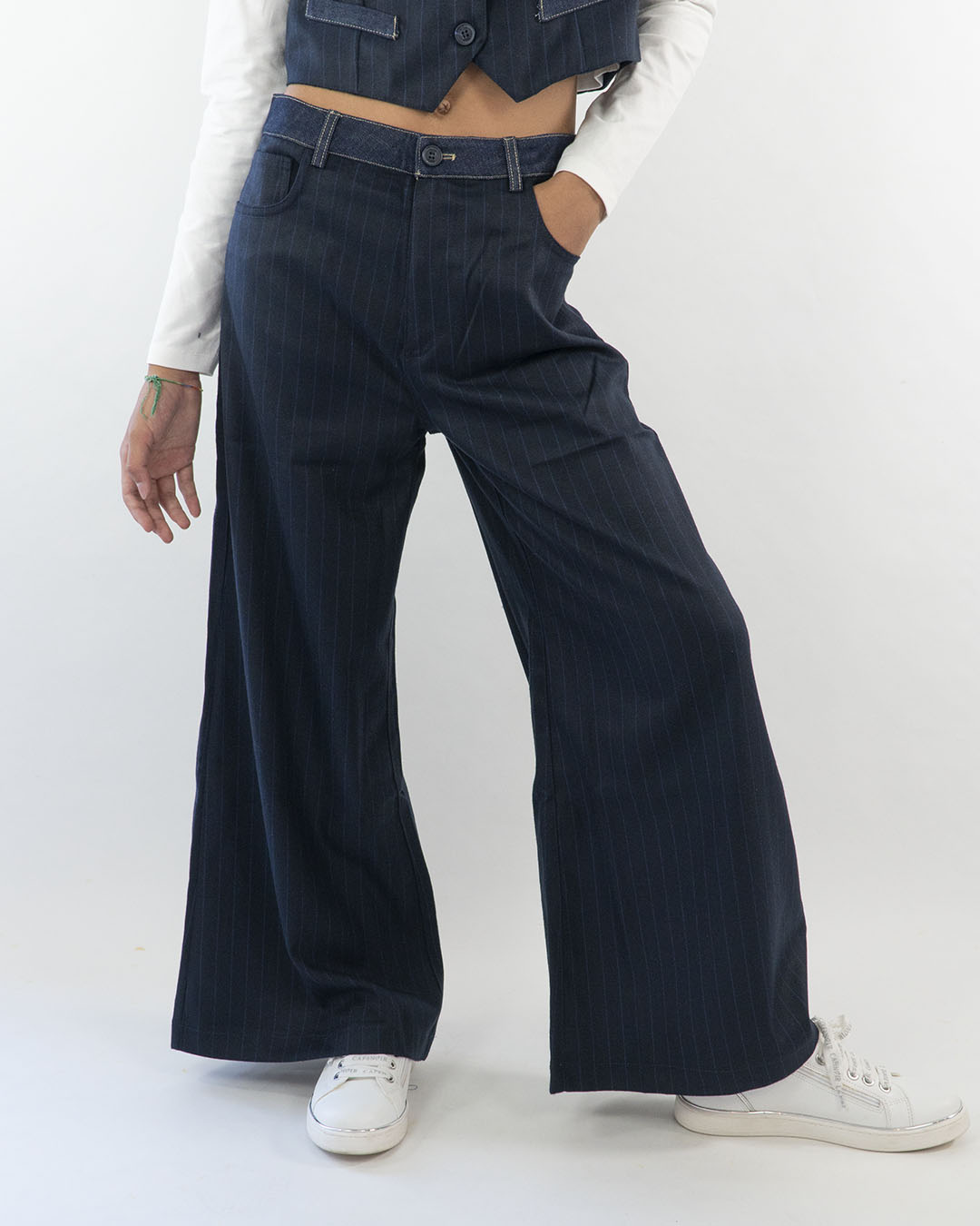 Pantaloni larghi gessati con insert Jeans PLEASE
