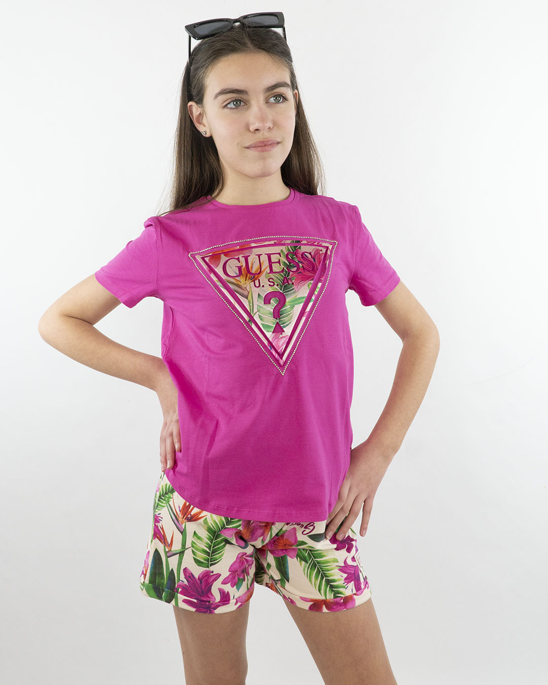 T-shirt con stampa fiorata e strass GUESS