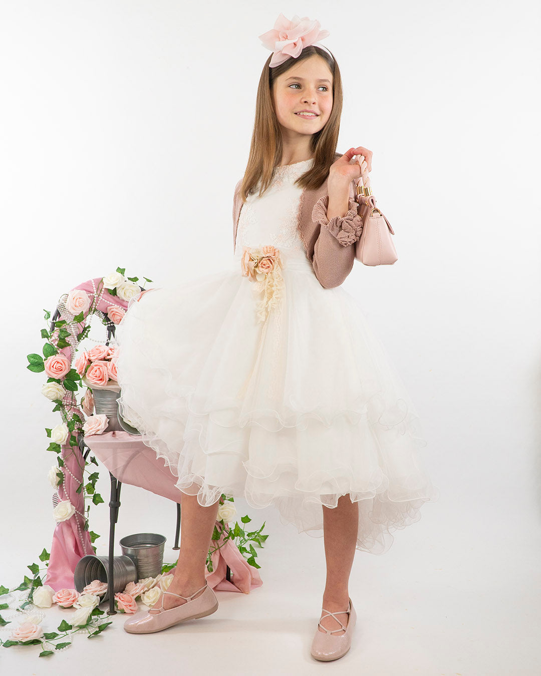 Abito con tulle a balze e pizzo ricamato Mimilù