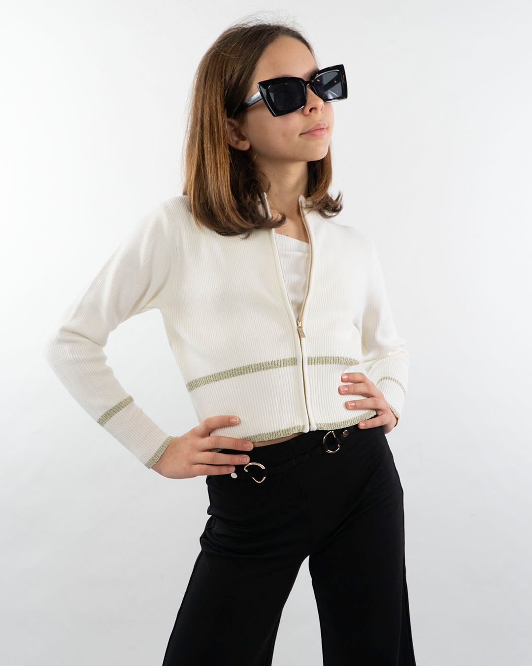 Cardigan con zip e profili oro