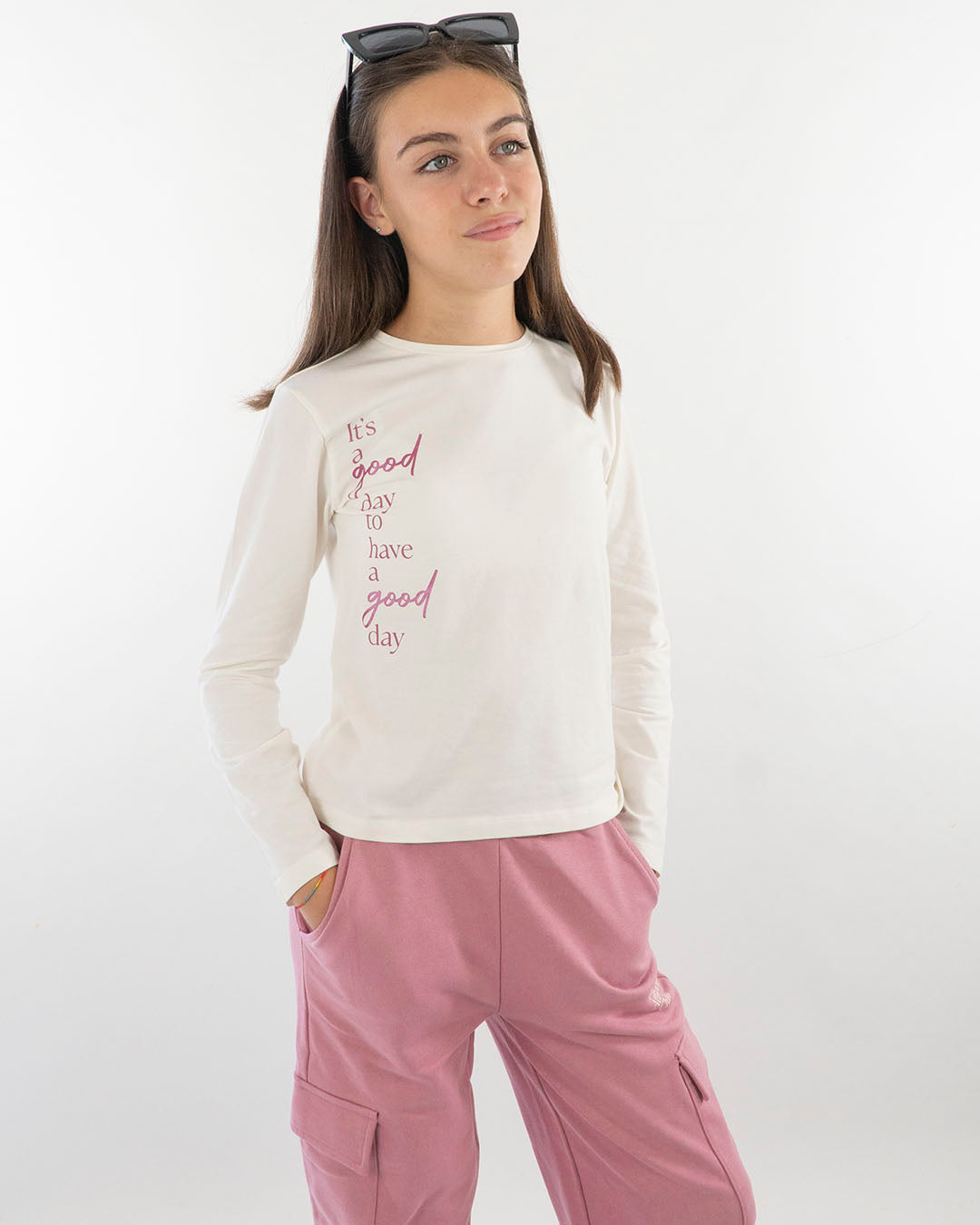 T-shirt manica lunga con scritta fucsia I DO