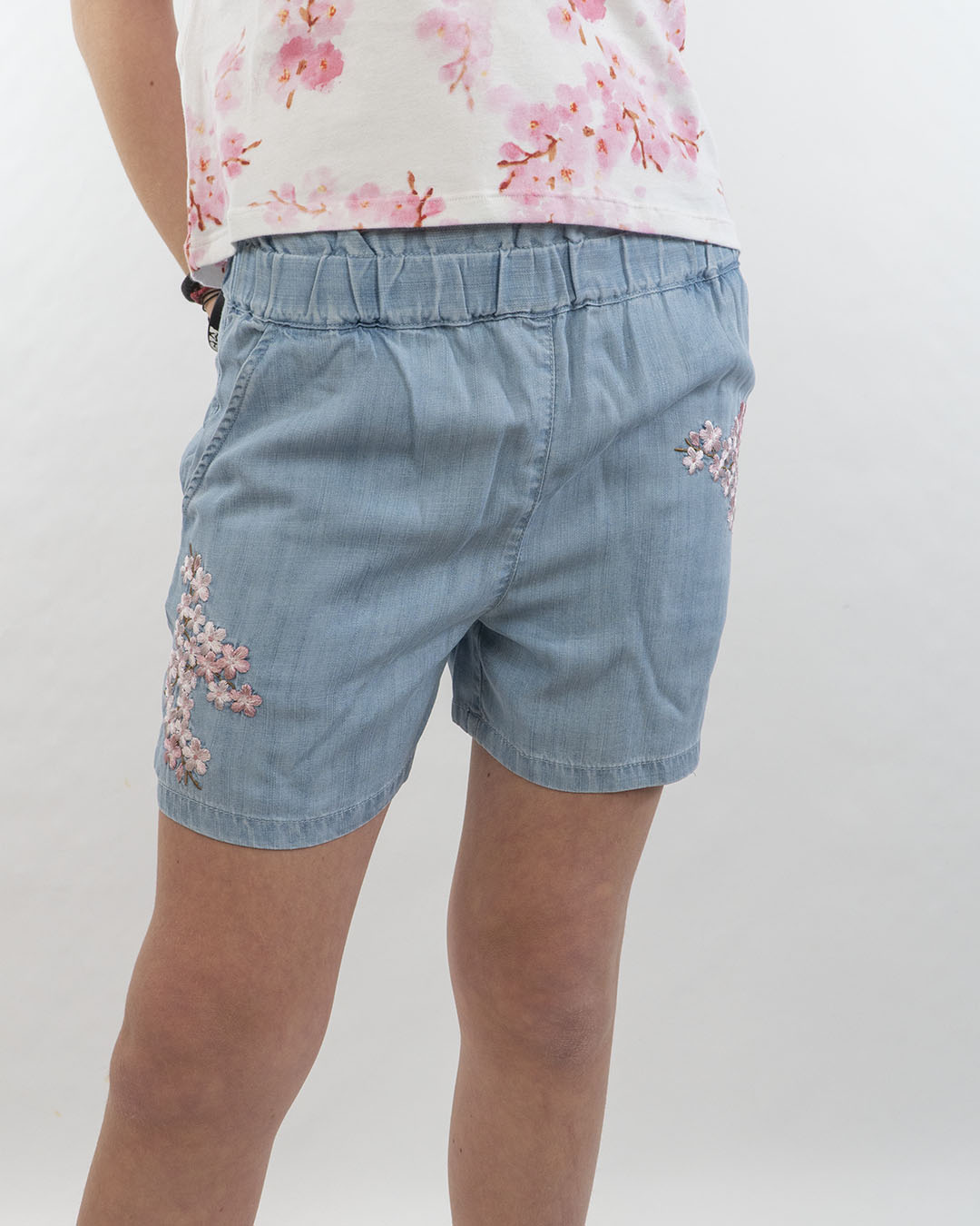 Shorts in denim con fiori ricamati