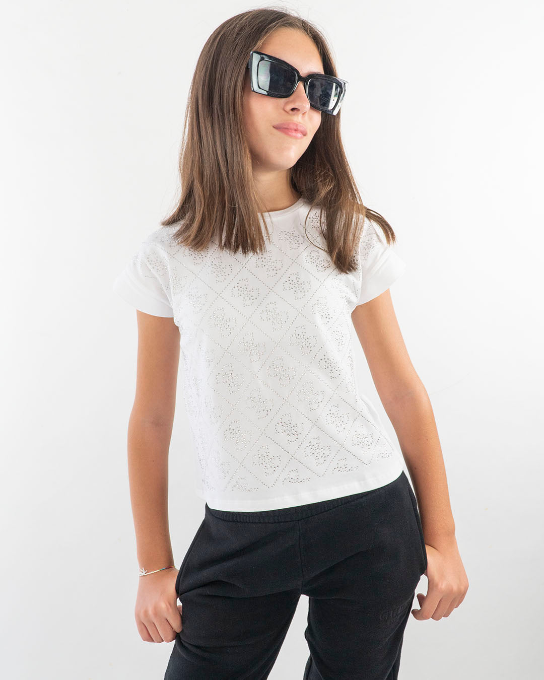 T-shirt con multilogo in strass GUESS