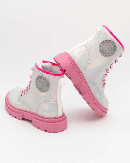 Anfibio argentato con lacci e zip, para rosa