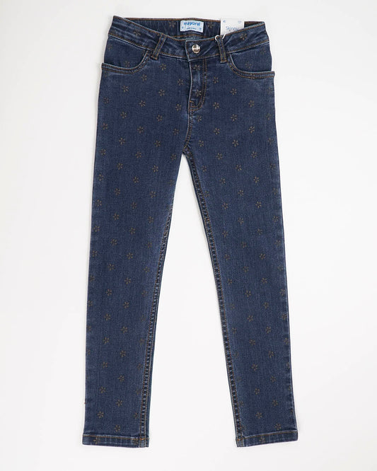 Pantalone lungo in denim stampe fiori