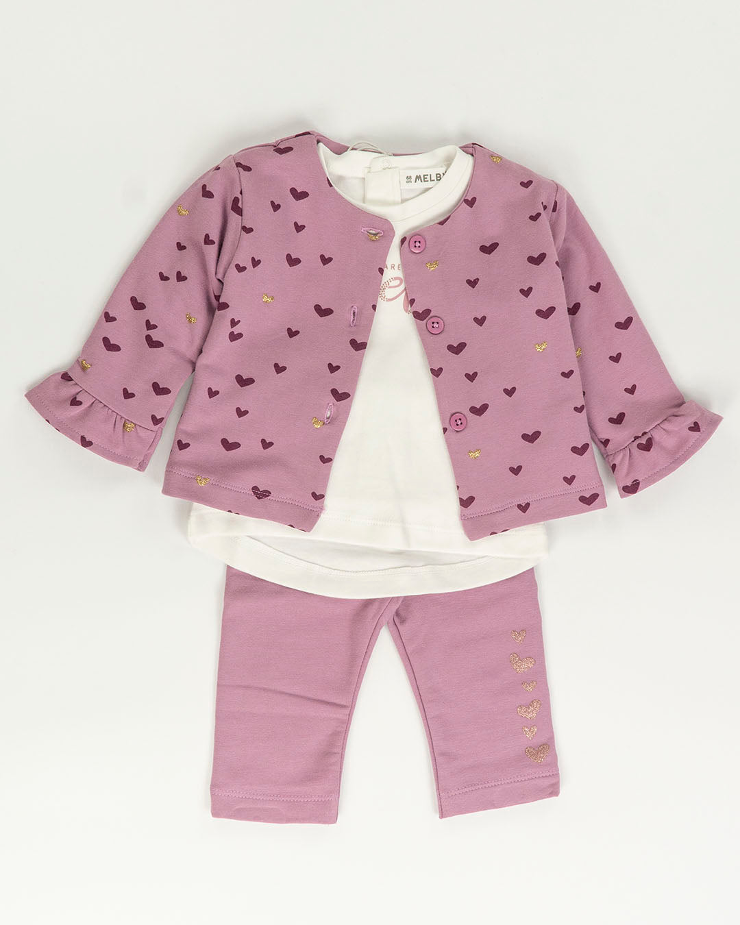 Completo 3 pz. felpato con cuoricini MELBY