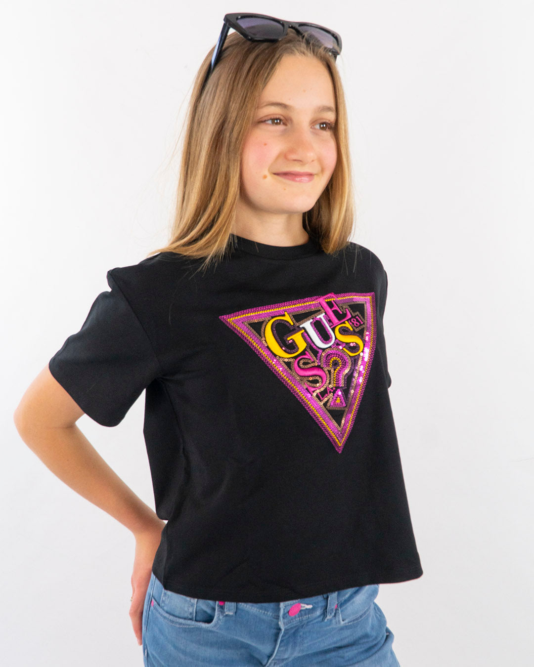 T-shirt conscritta a pailettes GUESS