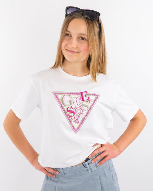T-shirt con scritta a pailettes GUESS
