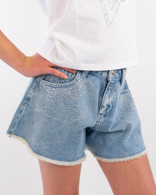 Shorts sfrangiato in Jeans con strass GUESS