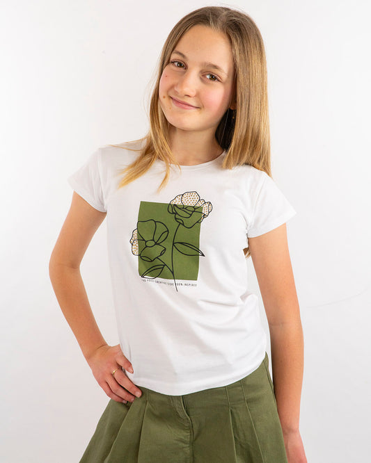 T-shirt con fiore stilizzato e borchie dorate I DO