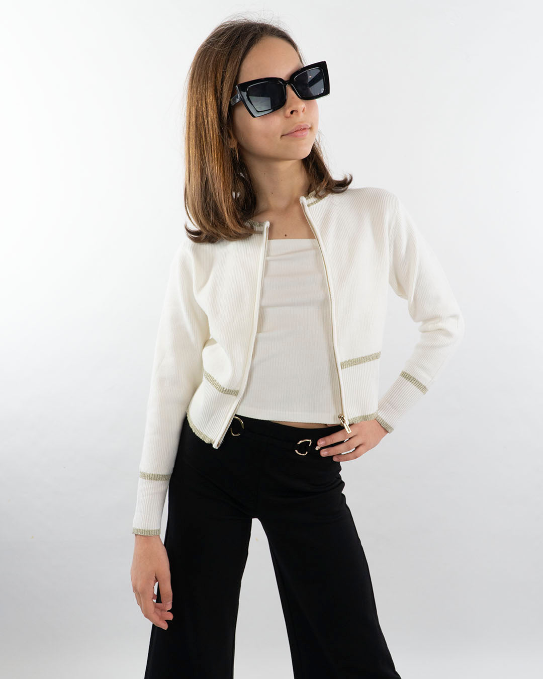 Cardigan con zip e profili oro