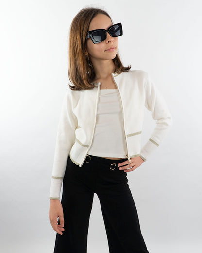 Cardigan con zip e profili oro