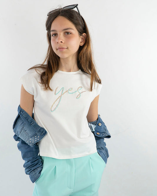 T-shirt con scritta con borchiette colorate I DO