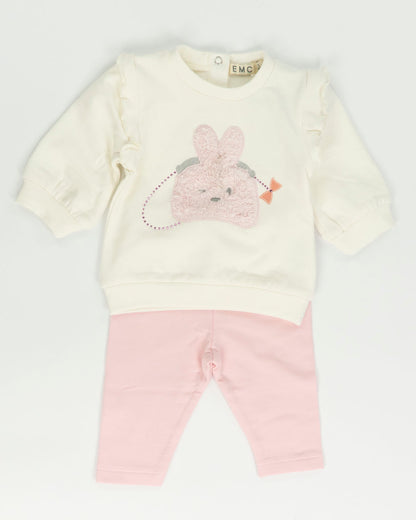 Completo 2 pz. felpato con coniglietto in pelo EMC