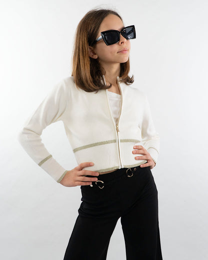 Cardigan con zip e profili oro
