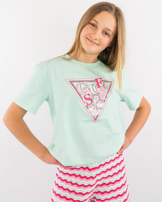 T-shirt con scritta a pailettes GUESS