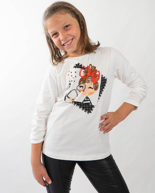 T-shirt manica lunga stampata con applicazioni