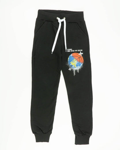 Pantaloni felpati con palla-mondo NEVER GIVE UP