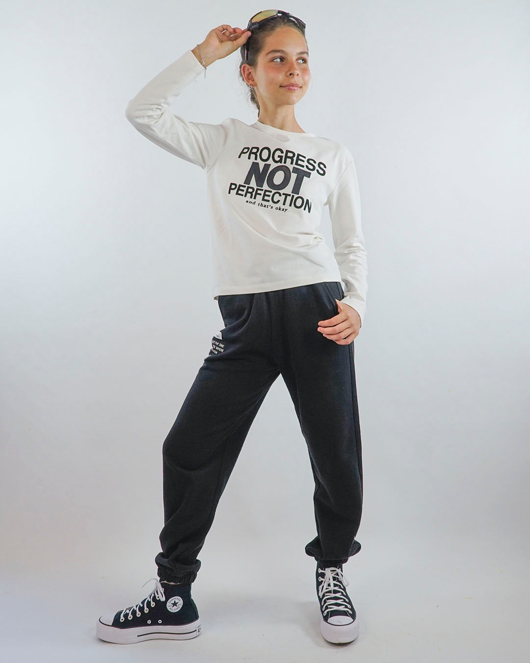 T-shirt manica lunga con scritta in ecopelle I DO