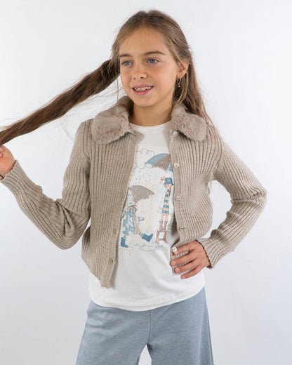 Cardigan a costine con pelliccetta