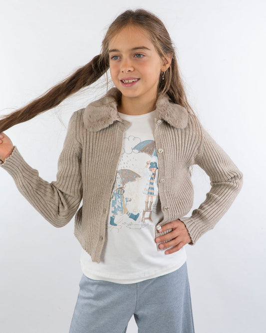Cardigan a costine con pelliccetta