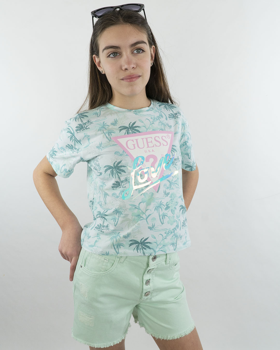 T-shirt con palme e scritta a specchio GUESS