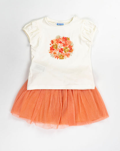 Completo con gonna in tulle e stampa con pailettes