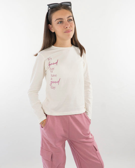 T-shirt manica lunga con scritta fucsia I DO