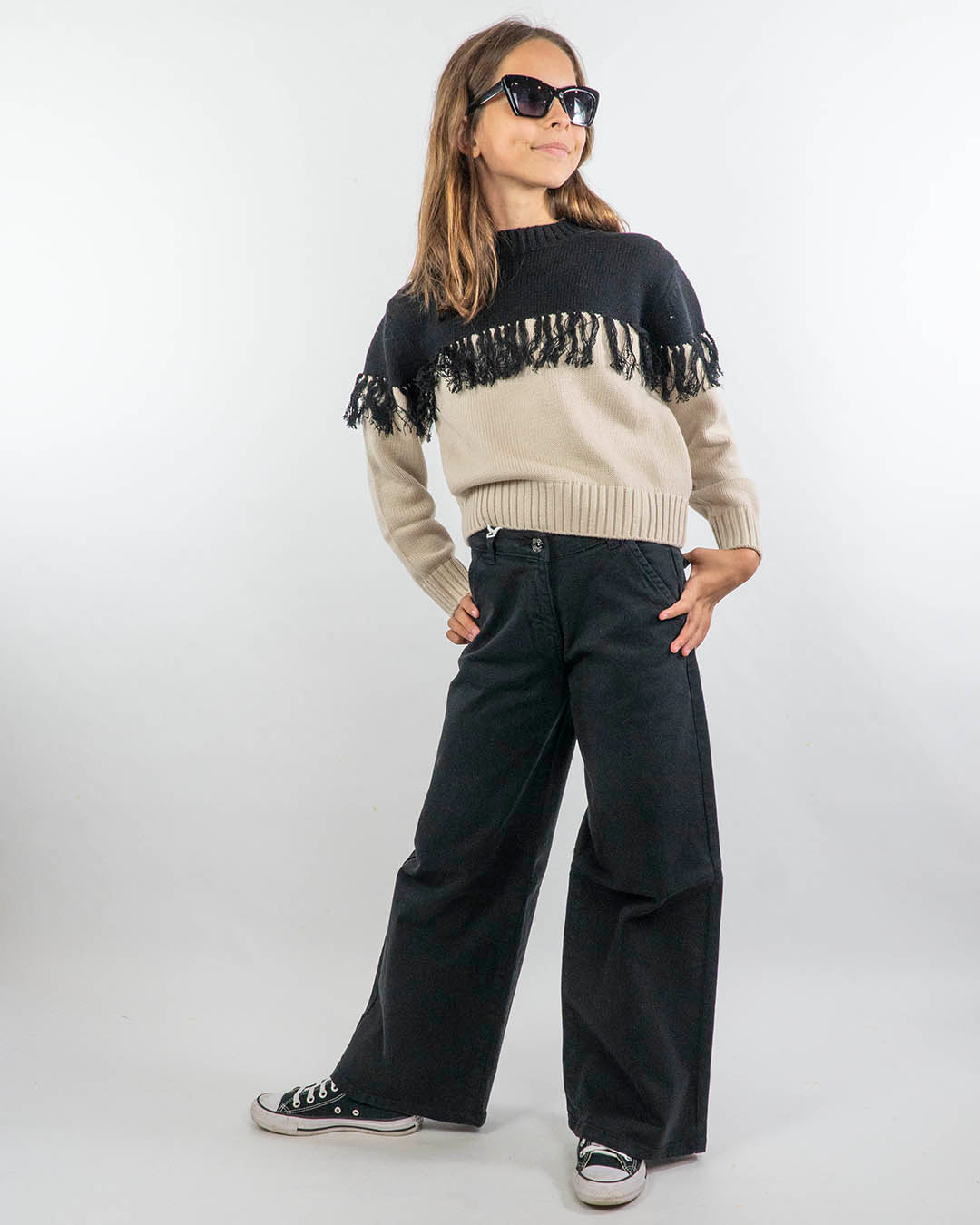 Maglione bicolor con frangette I DO