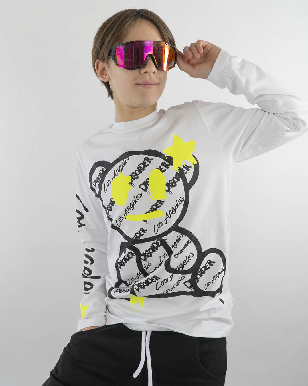 T-shirt manica lunga stampa orsetto NEVER GIVE UP