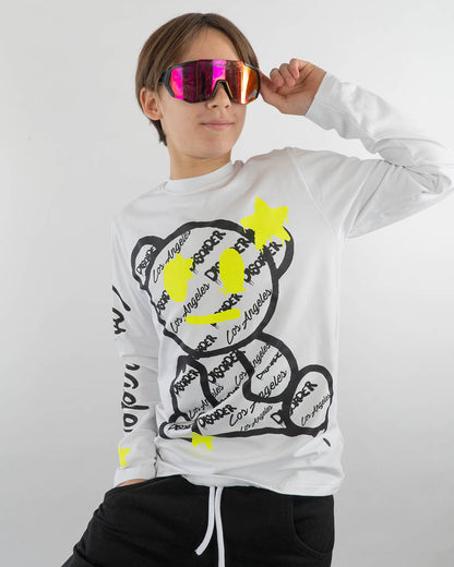 T-shirt manica lunga stampa orsetto NEVER GIVE UP