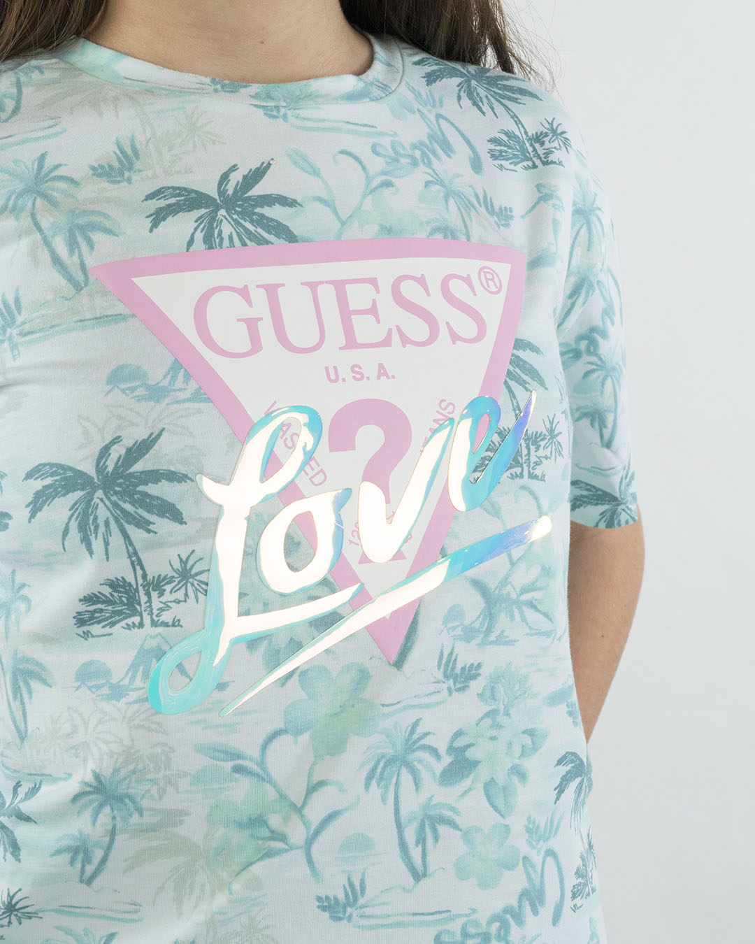 T-shirt con palme e scritta a specchio GUESS