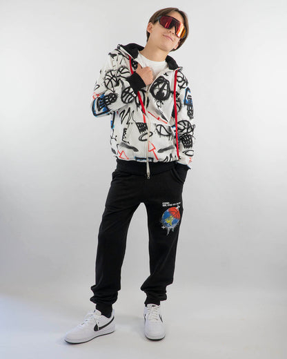 Pantaloni felpati con palla-mondo NEVER GIVE UP