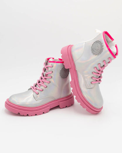 Anfibio argentato con lacci e zip, para rosa