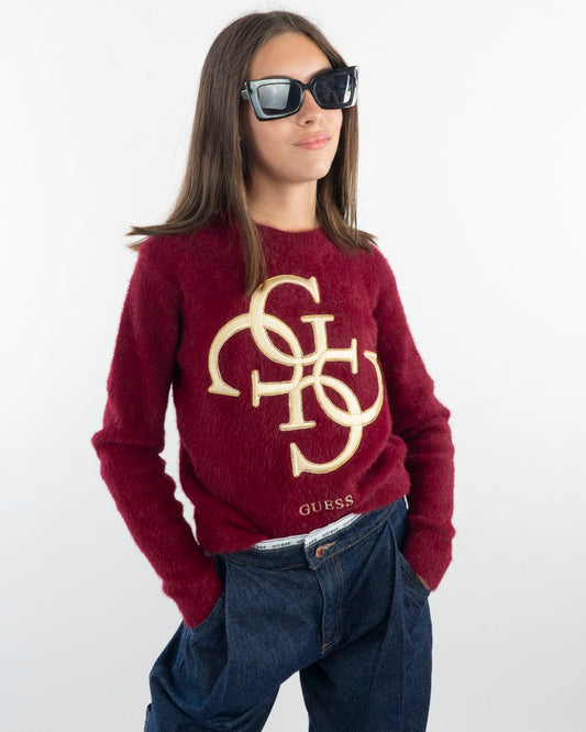 Maglione peloso con logo ricamato dorato GUESS