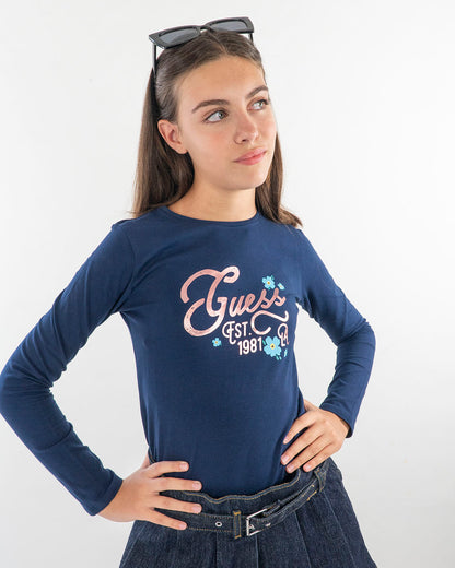 T-shirt manica lunga con logo bronzo GUESS