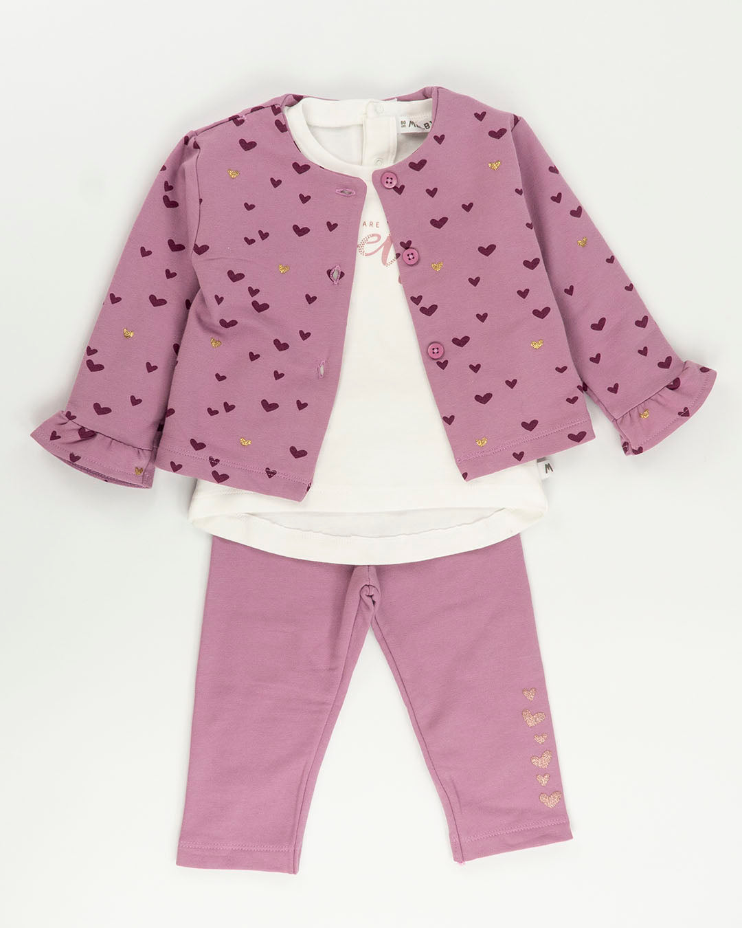 Completo 3 pz. felpato con cuoricini MELBY