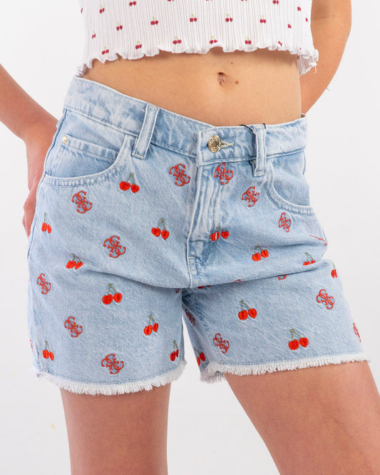 Shorts Jeans con ciliegie e logo ricamati GUESS
